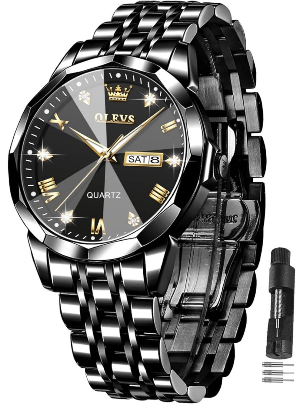 Men's All Black Diamond Stainless Steel Waterproof Roman Numbers Classic Watch